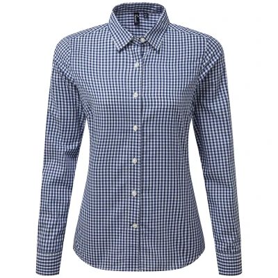 Image of Premier Womens/Ladies Maxton Gingham Long Sleeved Shirt (Navy/White) Size X Small