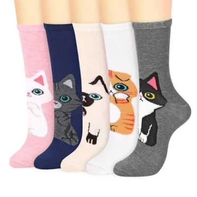 Image of Vinsani 5 Pair Pack Cute Animal Print Socks Fun Colorful Cotton One Size Fits All Soft Breathable Comfortable Everyday for School Casual Wear (UK, Age, Size, Regular, Kitty)