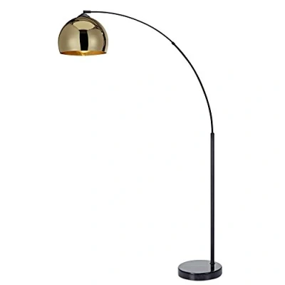 Image of Teamson Home Arquer 170cm Arc Floor Lamp for Living Rooms, Offices, Dining Bedrooms with Faux Black Marble Base and Gold Bell Shade