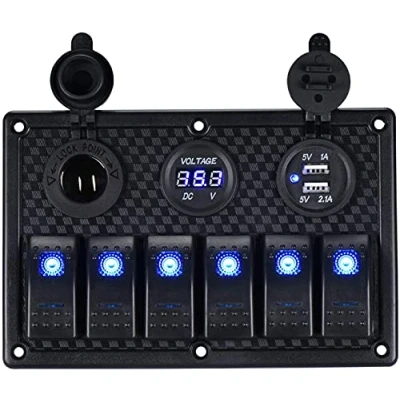 Image of GIDREN 6 Gang Waterproof Rocker Switch Panel 12V/24V Digital Voltage Display, Dual 5V USB Charger Socket for Car Truck Marine Boat (Blue)