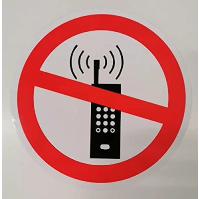 Image of ISO Safety Label Sign International No Activated Mobile Phones Symbol Self Adhesive Sticker 100mm Diameter (Pack of 5 Stickers)