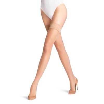 Image of FALKE Women&#039;s Shelina 12 DEN W Stu Ultra Sheer Plain 1 Pair Stay Ups, Skin colour Golden 4699, L