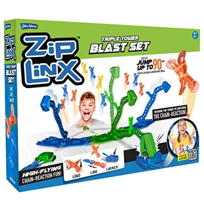 Image of John Adams ZipLinx Triple Tower Blast Set: high flying chain reaction fun! Jumping Domino Action and Tile Games Ages 6+