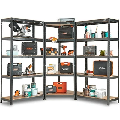 Image of VonHaus 5 Tier Garage Shelving for Corner Storage Lightweight Workshop Shelving, Pack of Three Free Standing Racking and Units, 1.8m Tall 175KG Weight Capacity Per Shelf