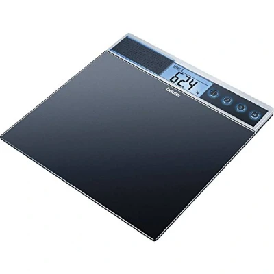 Image of Beurer GS39 Talking bathroom scale Glass XXL standing platform Reads your weight aloud in choice of language 150kg loading capacity Holds last 4 readings