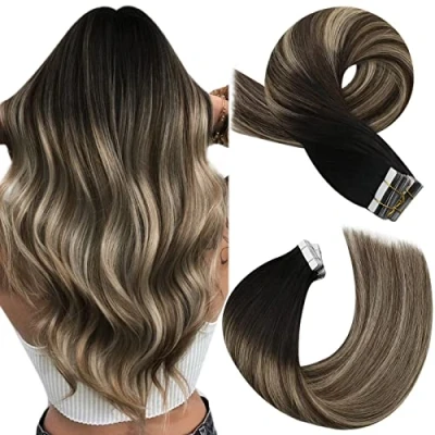 Image of Moresoo Human Hair Extensions Tape in Real Black Root Ombre to Dark Blonde with Caramel Balayage Silky Invisible 18 Inch 20 Pieces/50g#1B/3/27