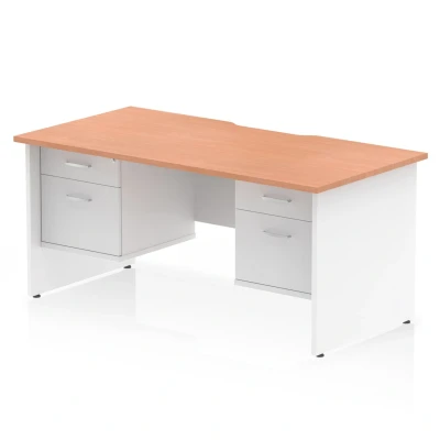 Image of Impulse 1600 x 800mm Scalloped Edge Straight Office Desk Beech Top White Panel End Leg Workstation 2 Drawer Fixed Pedestal