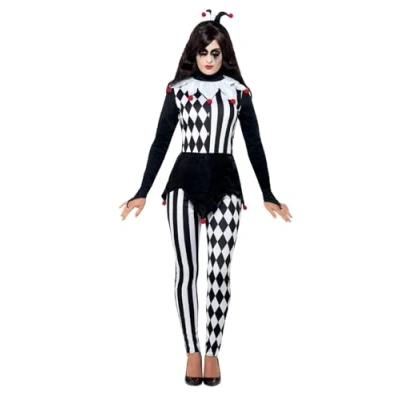 Image of Smiffys Female Jester Costume, Black with Top, Leggings &amp; Headband, Halloween Cirque Sinister Fancy Dress, Dress Up Costumes