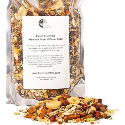 Image of Parrot Essentials Premium Tropical Food Nut Mix Nutritious Blend with Fruit &amp; Content for African Grey, Macaw, Cockatoo, Amazon, Conure, Quaker, Training Treats