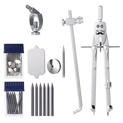 Image of Mr. Pen Professional Metal Compass with Wheel, Lock and Extension Bar for Geometry, Drafting, Math, Drawing, Tool Drawing Circles, Compass,