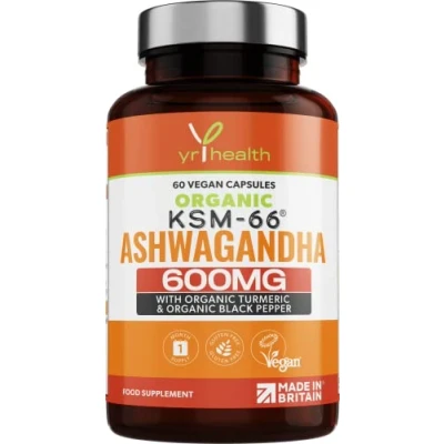 Image of Organic Ashwagandha KSM 66 Capsules 5% Withanolides Added Turmeric and Black Pepper, Certified by Soil Association, Vegan Registered Powder Capsules, Made in The UK YrHealth