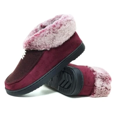 Image of DUNLOP Ladies Slippers Memory Foam Moccasins Comfortable Ankle Boots Indoor Outdoor Slip On shoes (Burgundy Tip Fur, UK Footwear Size System, Adult, Women, Numeric, Medium, 8)