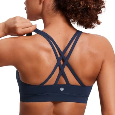 Image of CRZ Yoga Women&#039;s Strappy Back Wirefree Padded Workout Sports Bra Navy L