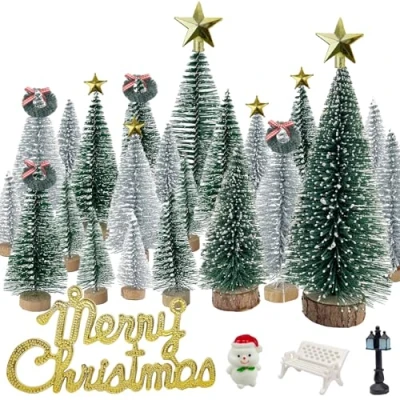 Image of NotiGat Miniature Christmas Pine Tree Mini Bottle Brush Trees Table top Village Winter for Decorations Wooden Bases （36pcs）