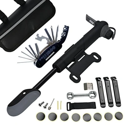 Image of Bike Tyre Repair Tool Kit DAWAY A35 Bicycle Frame Bag with 120 Psi Mini Pump, 16 in 1 Multi Tools, Levers &amp; Self Adhesive Tube Patch, Practical Gift
