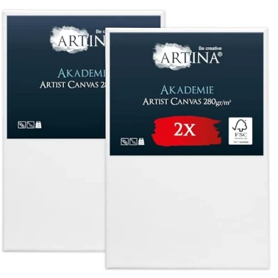 Image of Artina 2pcs Paint Canvas Set 60x90 cm FSC® for Painting 100% Cotton Stretcher Frame 280 g/m² Blank Canvases Art Acrylic, Watercolour &amp; Oil Plain Akademie