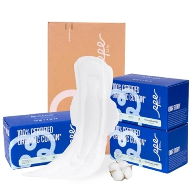 Image of 100% Organic Super Long Overnight Pads with Wings, Extra Heavy Sanitary for Women Ultimate Absorbency, Ultra Thin Coverage Cotton Period Menstrual (Extra Overnight, Size 6, 30ct)
