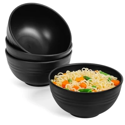 Image of Belle Vous 4 Pack of Black Plastic Reusable Cereal Bowls 700ml/24oz Serving Bowl Set Unbreakable, BPA Free, Lightweight for Soup, Pasta, Noodles, Fruit &amp; Salad Microwave Dishwasher Safe