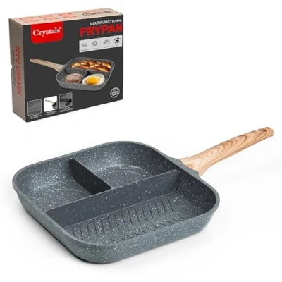 Image of Crystals Non Stick Divided Frying Pan 3 in 1 Section with Wooden Handle, 28cm Small Induction Egg Pan, Coating for Even Cooking Best All Hobs, Gas &amp; Electric (3 Pan)