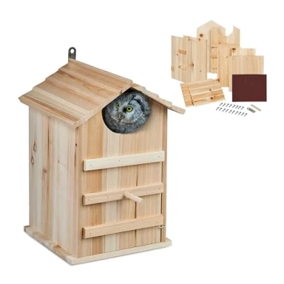 Image of Relaxdays Owl Nesting Box, Wooden, with Entrance Hole HxW: 9.5 x cm, Hinged, Bird House Kit for Hanging Up, Natural, Wood, 38.5 25 28 cm