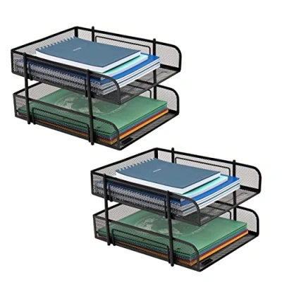 Image of Mind Reader Network Collection, 2 Tier Paper Tray, Letter Size, Stackable, File and Document Holder, Desktop Organizer, Metal Mesh, 13.25&quot; L x 10.5&quot; W 7.5&quot; H, Black