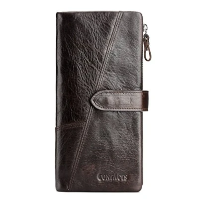 Image of Contacts Women&#039;s Genuine Leather Wallet Multifunction Card Holder Coin Zipper Slim Clutch Purse Bifold Large Capacity Pocket with RFID (Coffee)