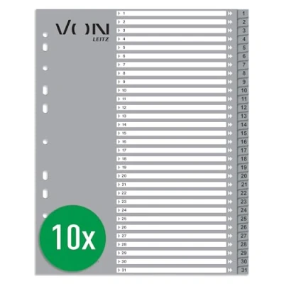 Image of VON Leitz 12770085 A4 Numbered Dividers for Folders, Polypropylene, Extra Wide, 11 Hole Universal Index File Folders and Ring Binders, Grey