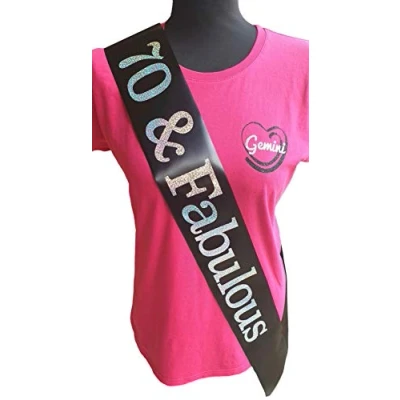 Image of Gemini Ribbons 70 and Fabulous 70th Birthday Sash Holographic Party Womens Mens Gift