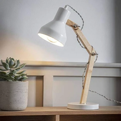 Image of Classic Architect Desk Lamp by CKB LTD Swing Arm Modern Designer Bedside Table Reading Light Painted Steel and Wood UK Plug (Lily White)