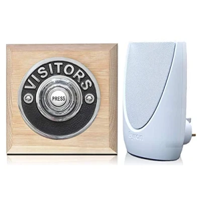 Image of Byron 100m Wireless Period Plug in Doorbell kit Push on Plinth (Natural Oak Visitor Chrome)