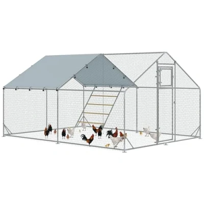 Image of PawHut Walk in Chicken Run, Galvanised Coop with Waterproof &amp; UV Resistant Cover, Feeding Door, Hanging Feeder, Perch, Hen Poultry House for 12 18 Chickens, Ducks, Rabbits, Geese, Silver
