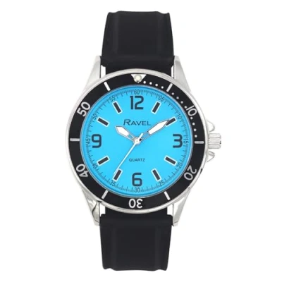 Image of Ravel Men&#039;s Sporty Black Silicon Strap Watch with Top Ring on Silver Tone Case Analogue Quartz RS002.06 Blue Dial