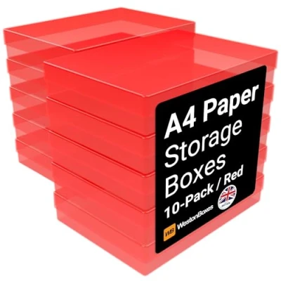 Image of WestonBoxes A4 Colourful Transparent Plastic Craft Storage Boxes with Lids for Art Supplies, Paper and Card (Red/Pack of 10)