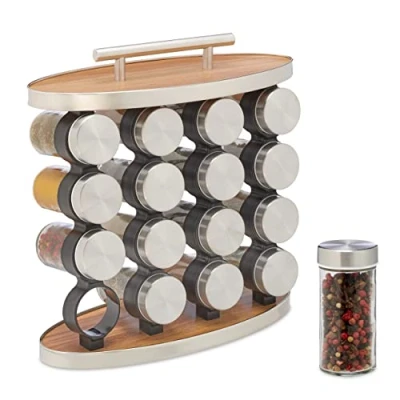 Image of Relaxdays Spice Rack, 16 Glass Jars, Stainless Steel, H x W D: 29 28 12 cm, Silver/Natural