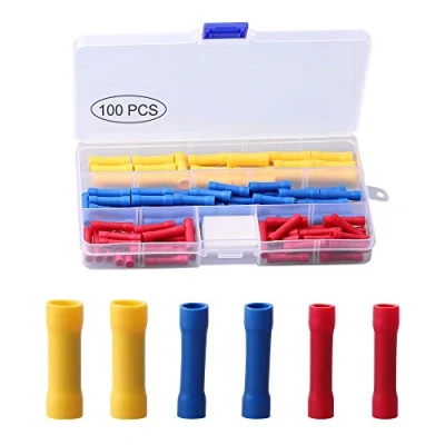 Image of 100 PCS Straight Wire Butt Connector, Fully Insulated Splice Connectors, Electrical Crimp Connectors Automotive Cable Terminals, Blue Red Yellow
