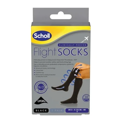 Image of Scholl Comfortable Flight Socks Compression Stocking for Travel Enhances Blood Circulation Reduces Swelling on Long Flights Cotton Feel Black Size 3 6, 1 Pair