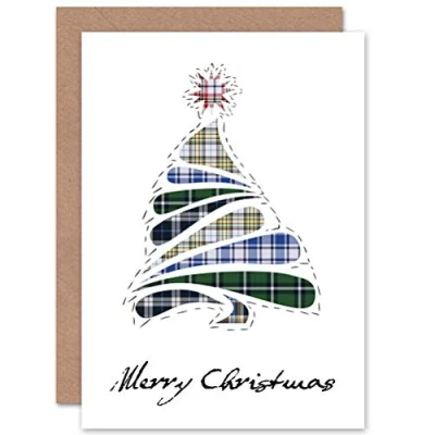 Image of Wee Blue Coo Personalised Merry Xmas Scottish Clan Tartan Christmas Tree Design Greeting Card For Anyone All Man Woman