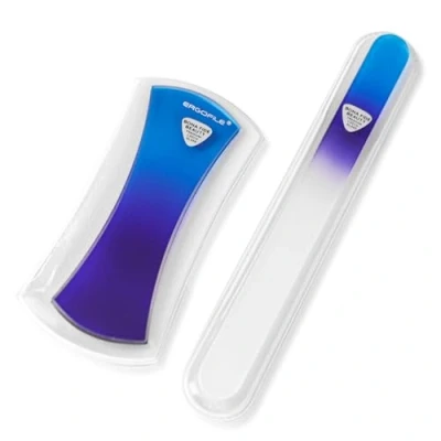 Image of Bona Fide Beauty Czech Glass Nail File Set, 2Pc Bow Ergo Set with Protective Sleeves (Blue), Ergonomic Crystal Filers for Comfortable Filing