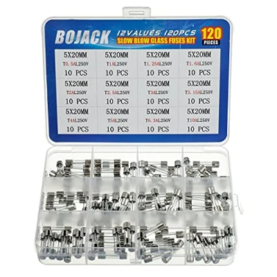Image of BOJACK 12 Values 120pcs Slow Blow Glass Fuses Assortment Kit 5x20mm 250V T0.5A 1A 1.25A 1.6A 2A 2.5A 3A 3.15A 4A 5A 6.3A 10A packag in a Clear Plastic Box