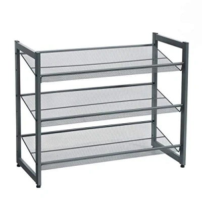 Image of SONGMICS Shoe Rack, 3 Tier Stackable Storage Shelf, Metal Organiser with Adjustable Flat or Angled Shelves, 30.5 x 74 61.5 cm, Holds 9 12 Pairs, Cool Gray LMR03GB
