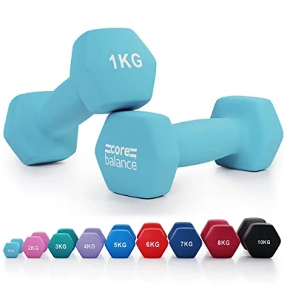 Image of Core Balance 1kg Dumbbell Pair Hex Weight Neoprene Coated Cast Iron Strength Training (Light Blue)