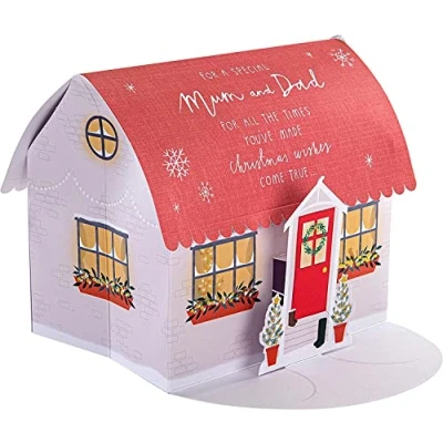 Image of Hallmark Christmas Card, Mum &amp; Dad 3D Pop Up Santa&#039;s Grotto, House Design, Red