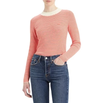 Image of Levi&#039;s Women&#039;s Crew Rib Sweater, Vanilla Stripe Flame Scarlet, XS