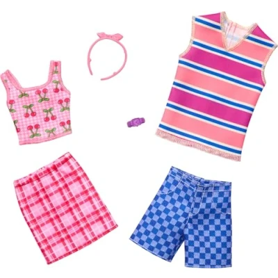 Image of Barbie &amp; Ken Fashions 2 Pack Clothing Accessories Set, 1 Cheetah Print Dress Bracelet for Doll Shirt Shorts Outfit with Sunglasses