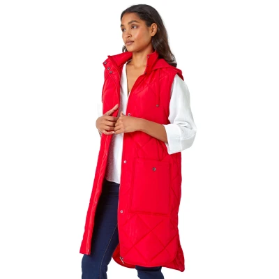 Image of Roman Originals Quilted Gilet with Hood for Women UK Ladies Sleeveless Coat Hooded Jacket Padded Bodywarmer Winter Lightweight Warm Autumn Funnel Neck Longline Soft Bubbly Red Size 10