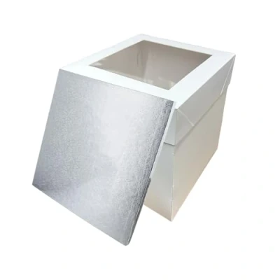 Image of LARRYROO Tall White Cake Box Extra Deep with Clear Display Window &amp; Silver Square Drum Board Combo (12&quot;)
