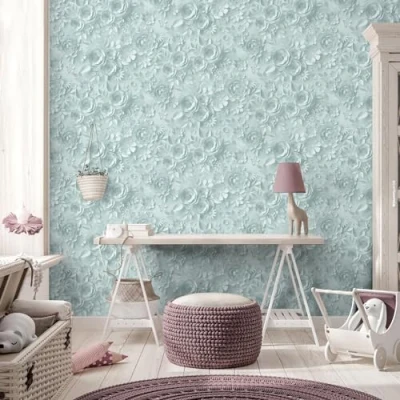 Image of Muriva My Kingdom Origami Flowers Wallpaper 3D Textured Effect Floral Modern for Living Room, Bedroom, Hallway Decorative Luxury Duck Egg/Teal