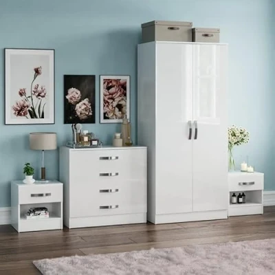 Image of Vida Designs 4 Piece High Gloss Bedroom Furniture Set, Wardrobe, Drawer chest of &amp; 2 x Bedside Cabinets (White)