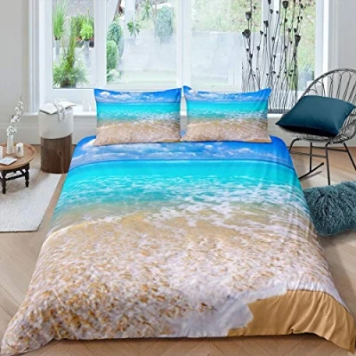 Image of Beach Duvet Cover Ocean Bedding Set for Kids Boys Girls Sea Comforter Hawaiian Bedspread 3Pcs King Size
