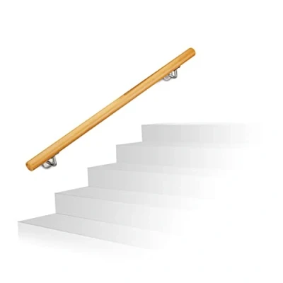 Image of Relaxdays Wooden Handrail, Beech, 1000 mm/100 cm/1 m, Wall Mount, With Plugs, Rustic 42 mm Diameter, Natural Banister